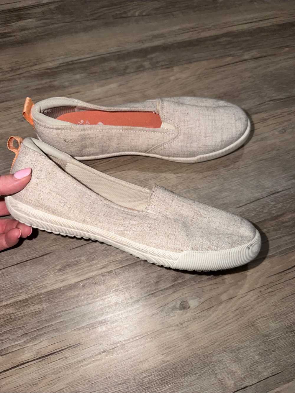 Dr. Scholl's Slip-On Canvas Flats in Light Beige with Orange Accents